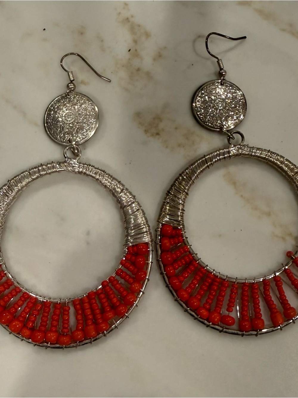 Silver Hoop Earrings with Red Beads - Women Jewelry